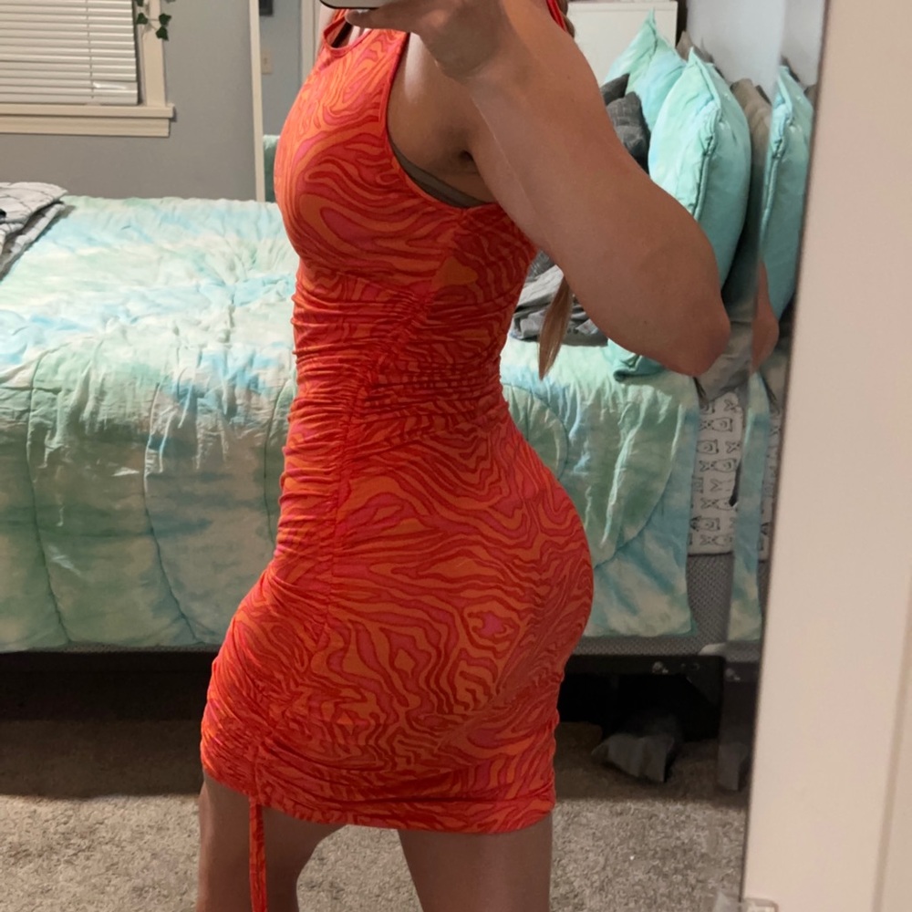 orange/red dress, adjustable length